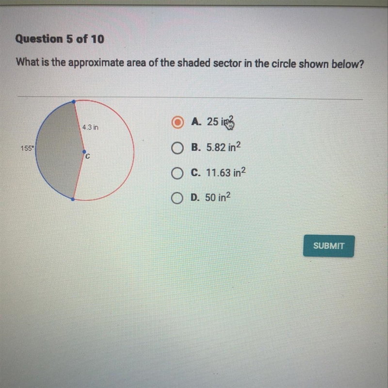 Question 5 of 10 What is the approximate area of the shaded sector in the circle shown-example-1