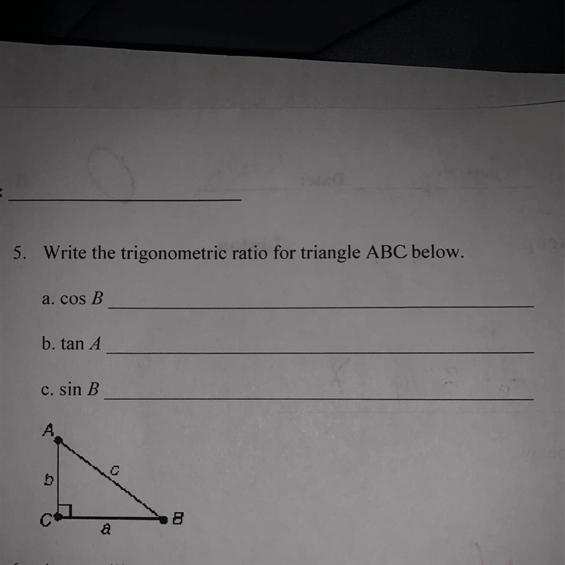 Write the trigonometry ratio for the triangle below.-example-1