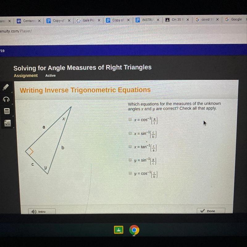 Which equations for the measures of the unknown angles x and y are correct? Check-example-1