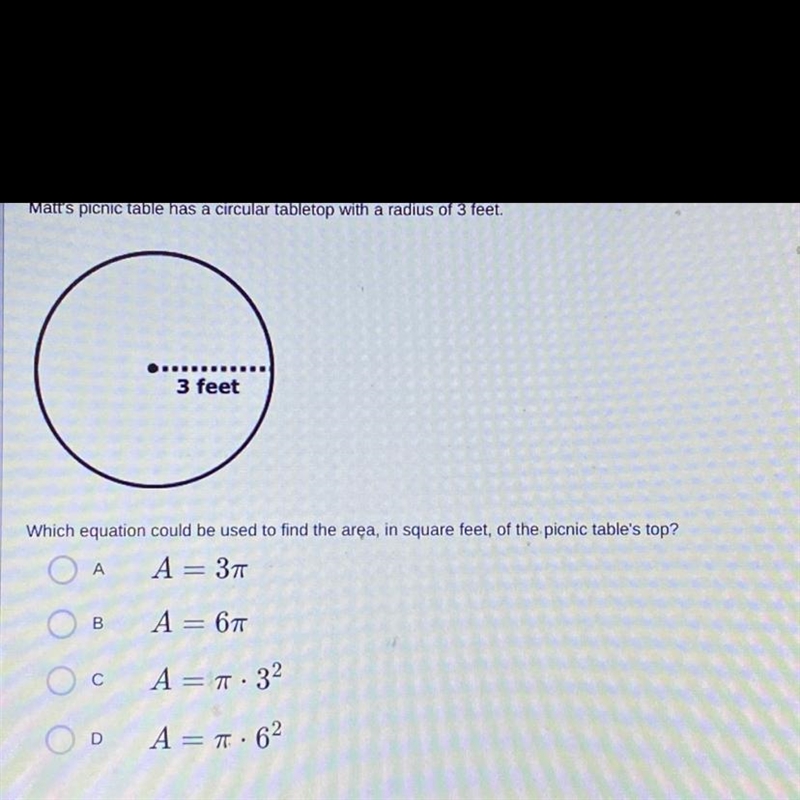 Matt’s picnic table has a circular tabletop with the radius of 3 feet. Image above-example-1