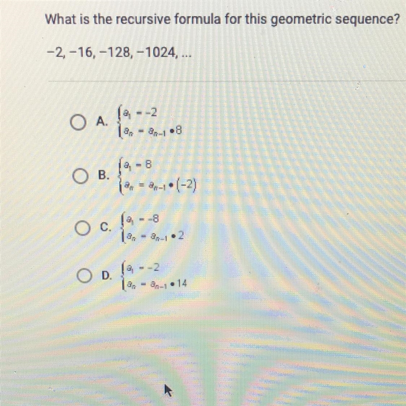 What is the recursive formula for this geometric sequence? -2, -16, -128, -1024,-example-1