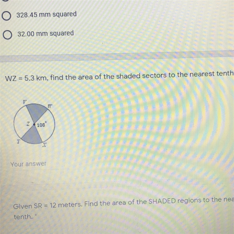 WZ = 5.3 km, find the area of the shaded sectors to the nearest tenth. Please help-example-1