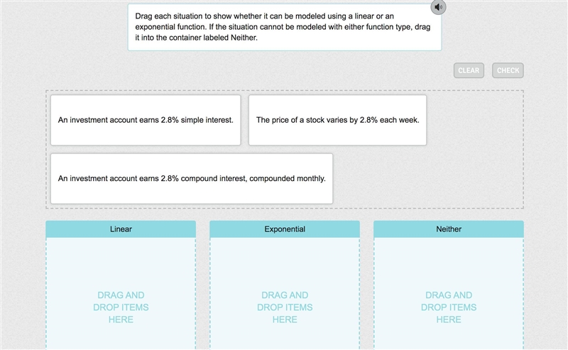 Drag each situation to show whether it can be modeled using a linear or an exponential-example-1