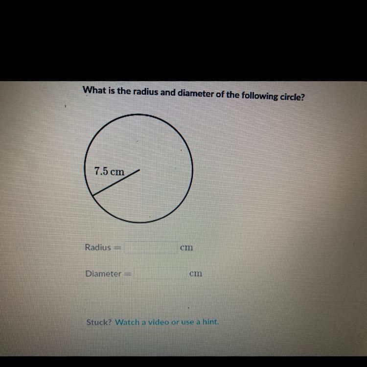 What is the radius and the diameter of the following circle? 7.5cm-example-1