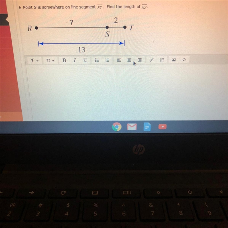 6. Point S is somewhere on line segment Rr. Find the length of Rs.-example-1