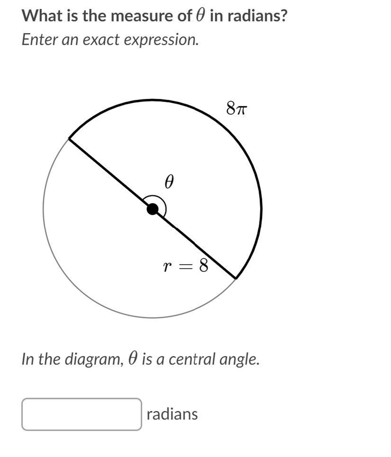 What is the measure of θ in radians? Enter an exact expression. In the diagram, θ is-example-1