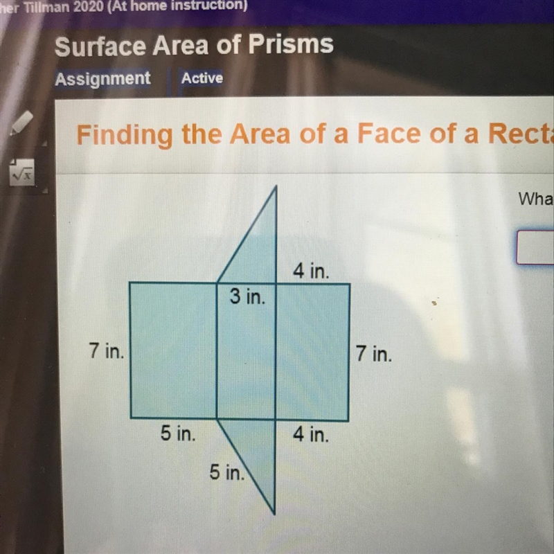 What is the area of one of the triangular faces? 4 in 3 in 7 in 7 in 5 in 4 in 5 in-example-1