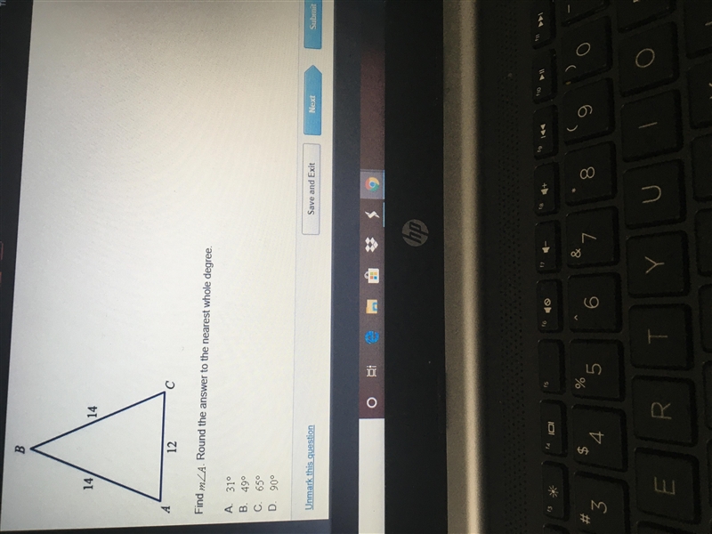 Find the measurement of angle A. Round to the nearest whole degree. AB=14, BC=14 and-example-1