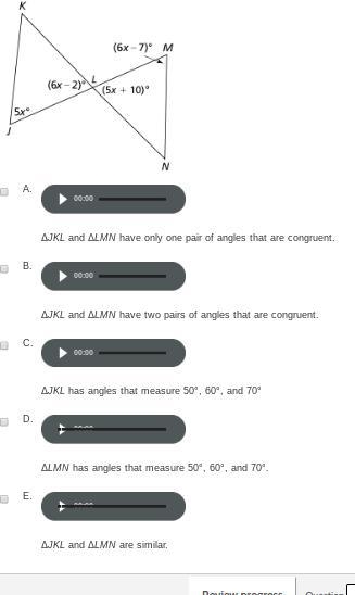 Which statements are true about ΔJKL and ΔLMN? Select all that apply.-example-1