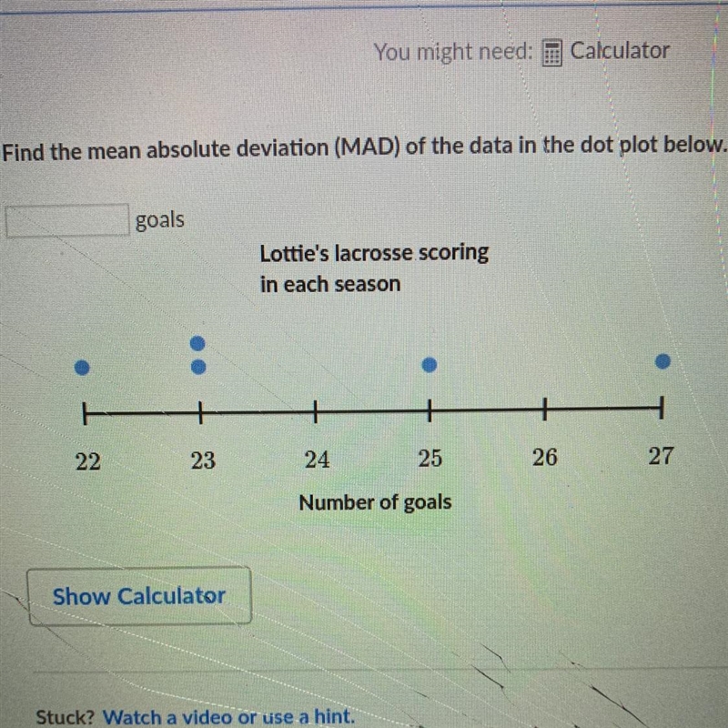 Find the mean absolute deviation (MAD) of the data in the dot plot below.-example-1