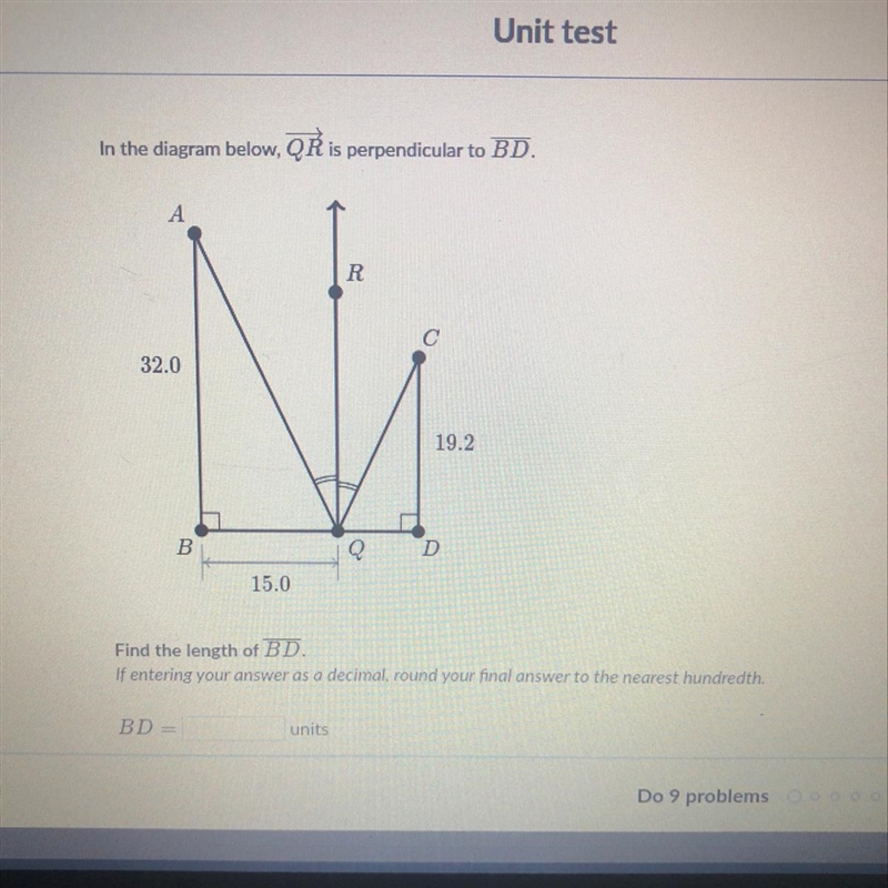 In the diagram below, QR is perpendicular to BD Find the length of BD. If entering-example-1