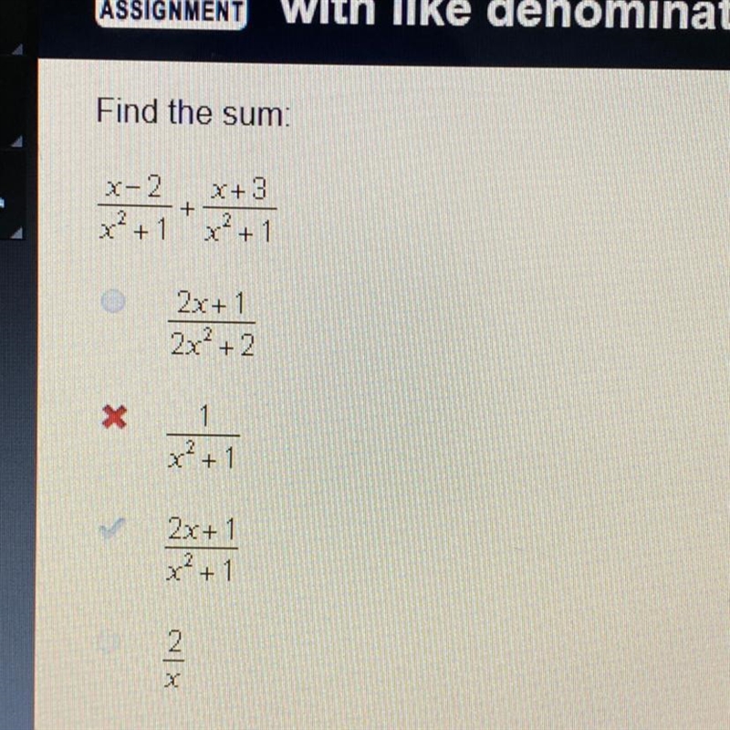 Find the sum X-2 X+3 + 2x+ 1 2x²+2 x + 1 2x+1 x2 +1-example-1