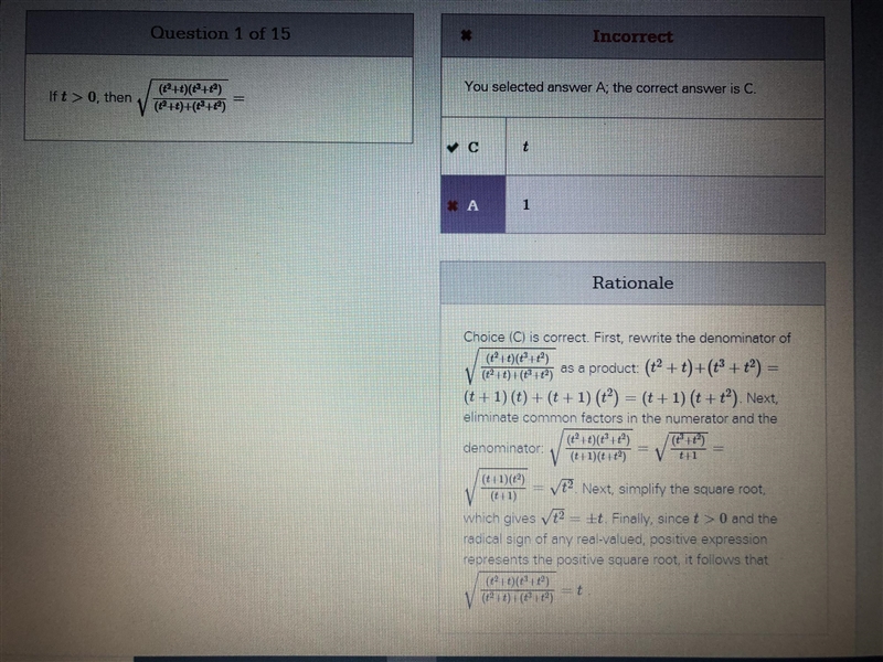 Hey, guys, I got 1 for the answer but the accuplacer said the answer is "t&quot-example-1