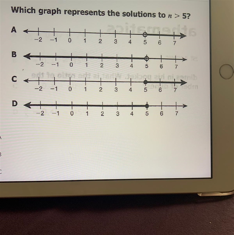 Which graph represents the solution to n > 5 ?-example-1