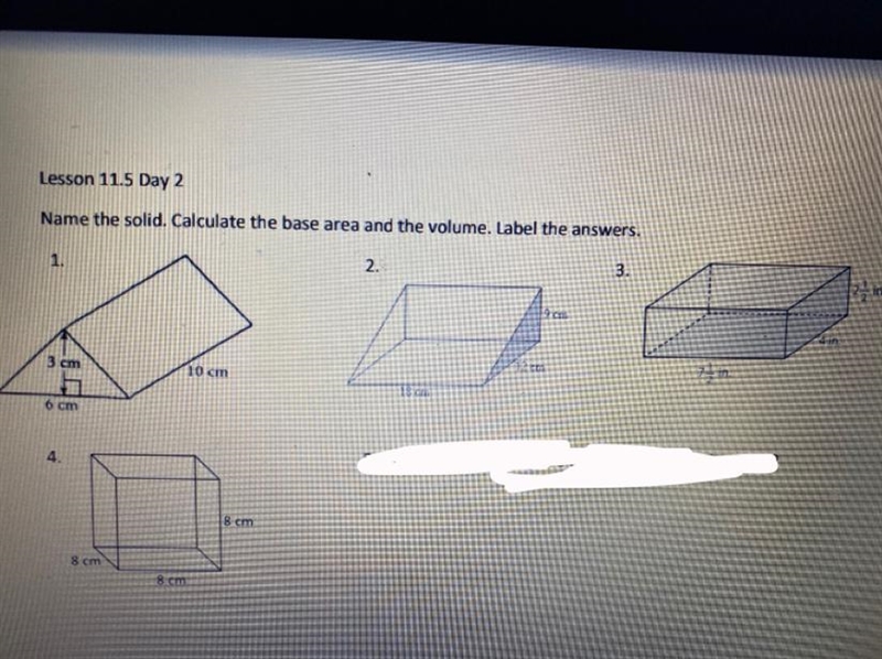 Name the solid. Calculate the base area and the volume. Label the answers-example-1