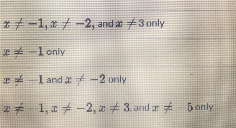 The restrictions on the variable in the division x+5/x+2 divided by x-3/x+1 are-example-1