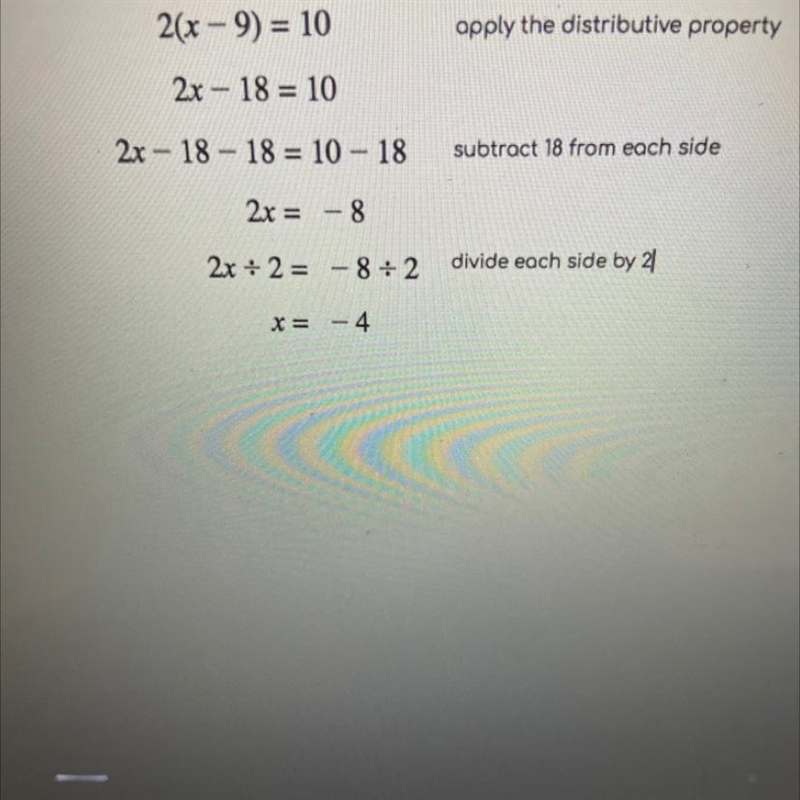 Elena solved the equation 2(x – 9) = 10 In the following way. What mistake did she-example-1