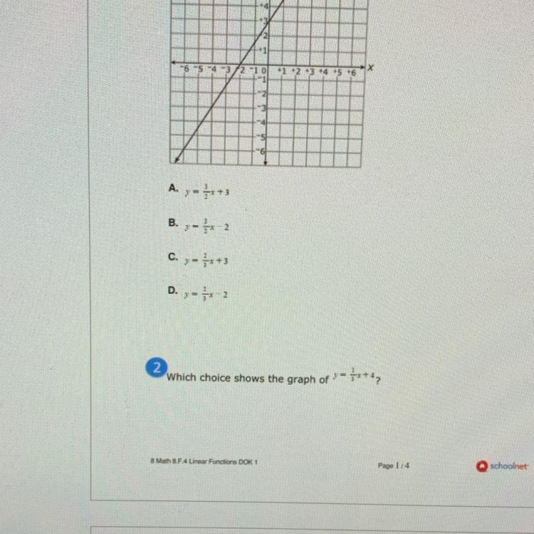 Which is an equation for the line shown on the graph below? A. Y=1/2x+3 B. Y=1/2x-example-1