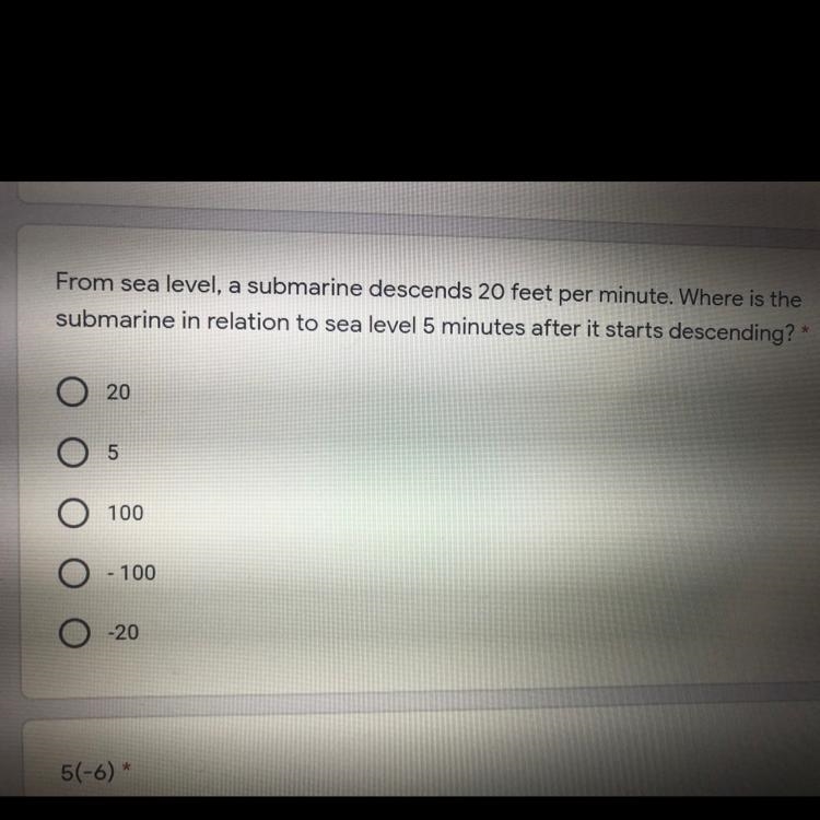 From sea level, a submarine descends 20 feet per minute. Where is the submarine in-example-1