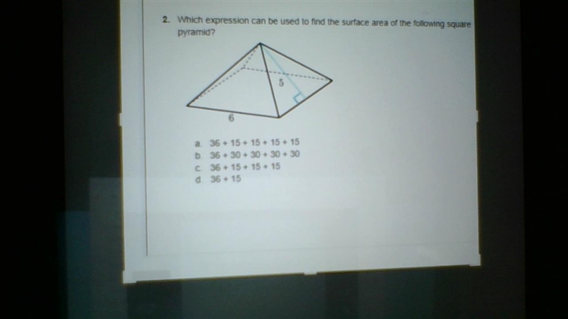 Which expression can be used to find the surface area of the following square pyramid-example-1