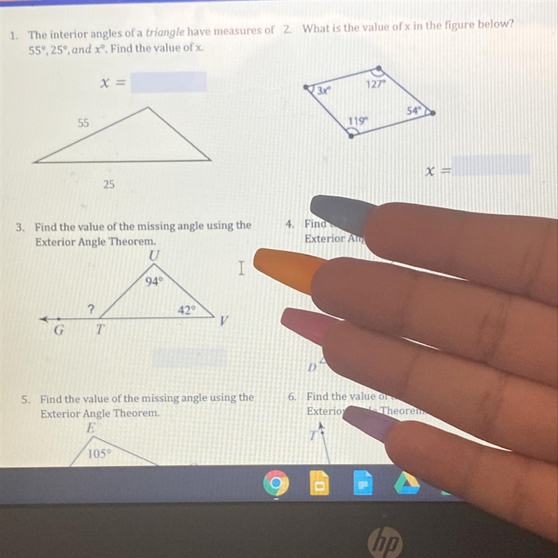 The interior ages of a triangle have measure 55,25", and x find the value of-example-1