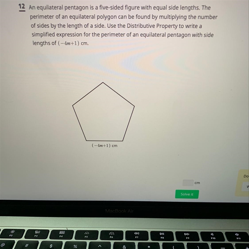 An equilateral pentagon is a five-sided figure with equal side lengths. The perimeter-example-1