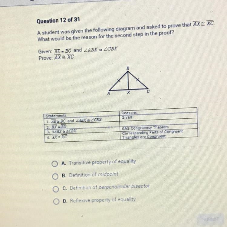 A student was given the following diagram and asked to prove that ac=xc. What would-example-1