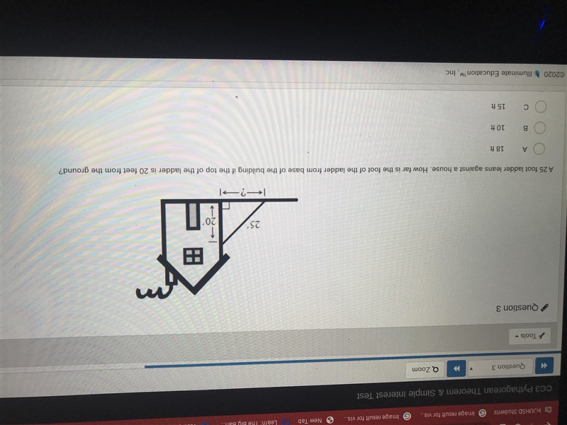 A 25 foot ladder leans against a house. How far is the foot of the ladder from base-example-1