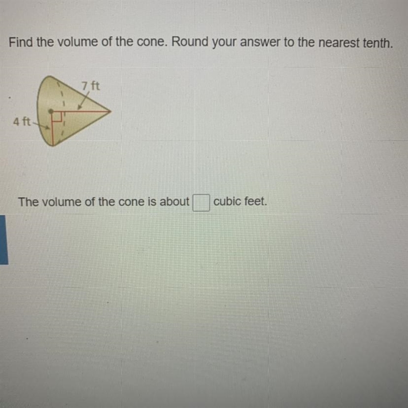 Find the volume of the cone. Round your answer to the nearest tenth.-example-1