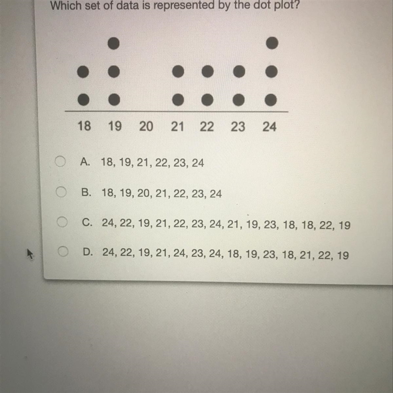 Which set of data is represented by the dot plot? HELP PLEASE-example-1