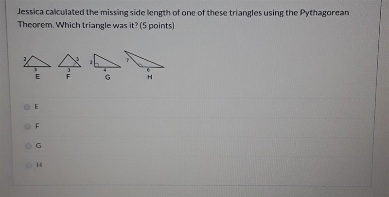 Jessica calculated the missing side length of one of these triangles using the Pythagorean-example-1