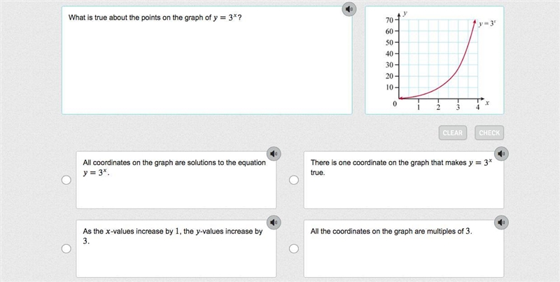 NEED HELP ASAP What is true about the points on the graph of Y=3^x?-example-1