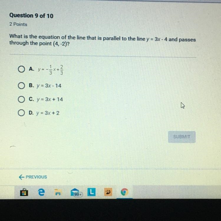 What is the equation of the line that is parallel to the line y = 3x - 4 and passe-example-1