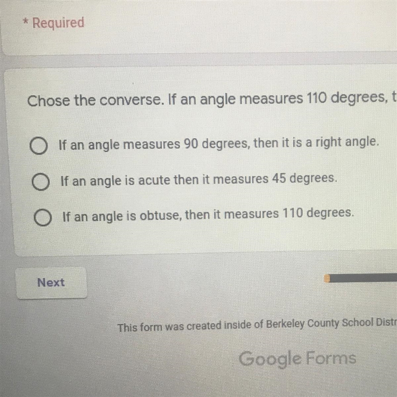 Choose the converse. If an angle measures 110 degrees, then it is obtuse.-example-1