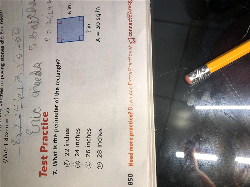 What is the perimeter of the rectangle L=6in W=?in. A=30sqin. A=22in B=24in C=26in-example-1