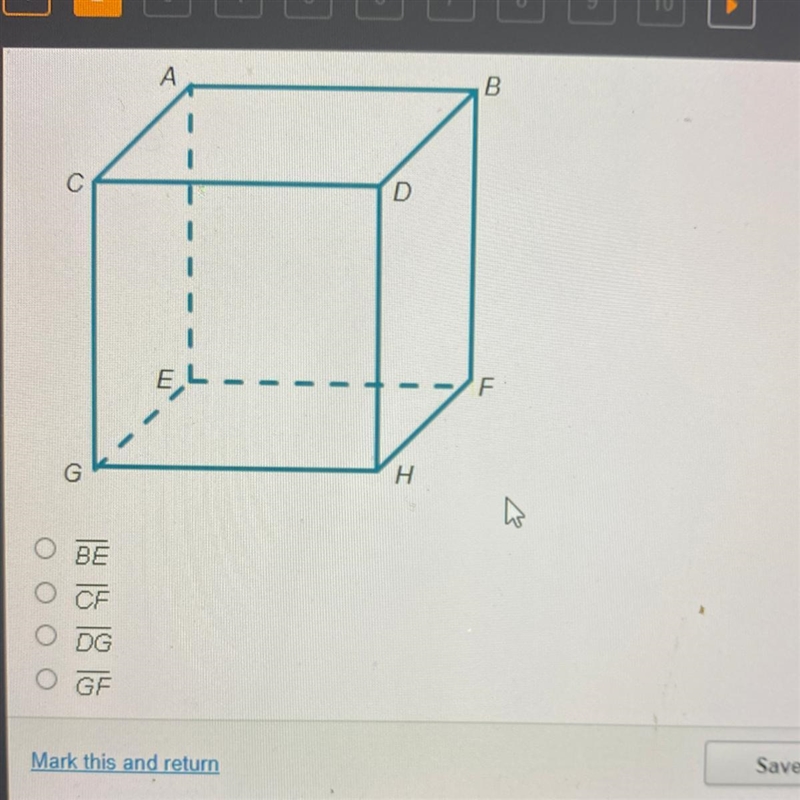 Which is a diagonal through the interior of the cube? be, cf, dg,gf-example-1