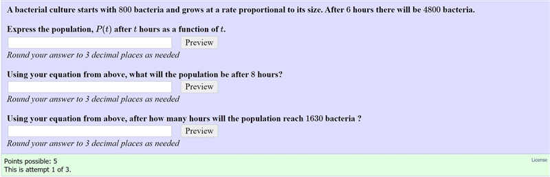 A bacterial culture starts with 800 bacteria and grows at a rate proportional to its-example-1