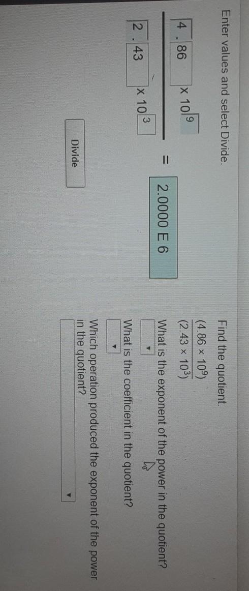 Find the quotient. (4.86 x 109) (2.43 x 103) What is the exponent of the power in-example-1