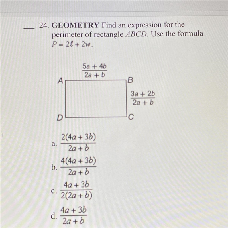 Find an expression for the perimeter of rectangle ABCD. Use the formula P= 2l + 2w-example-1