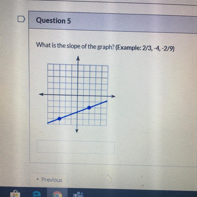 What is the slope of the graph? (Example: 2/3,-4,-2/9)-example-1