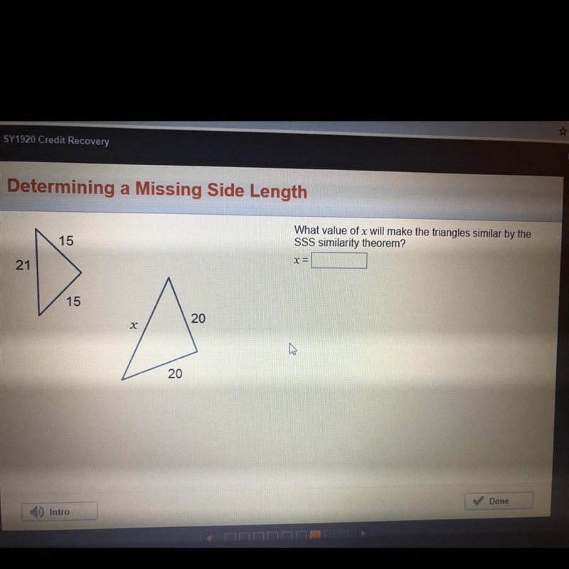 What value of x will make the triangles similar by the sss similarity theorem?-example-1