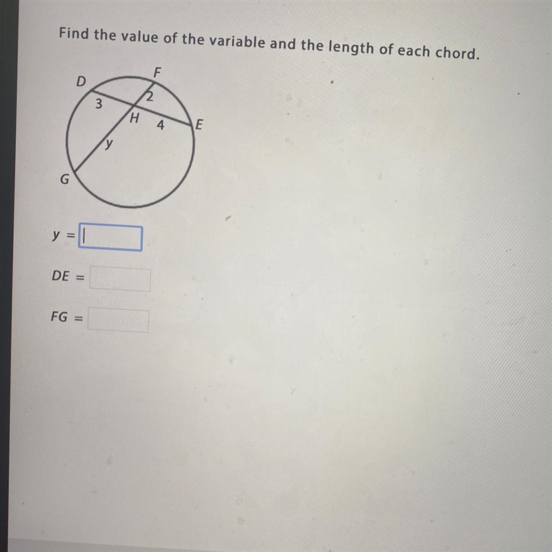 Find the value of the variable and the length of each chord. y= DE = FG =-example-1