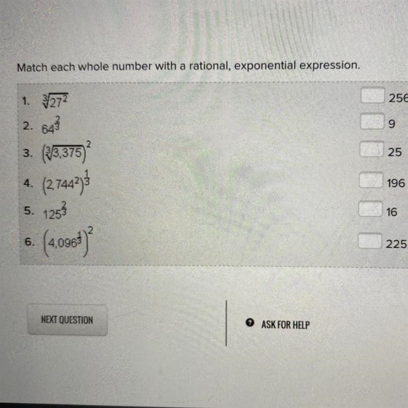 PLEASE HELP Match each whole number with a rational, exponential expression.-example-1