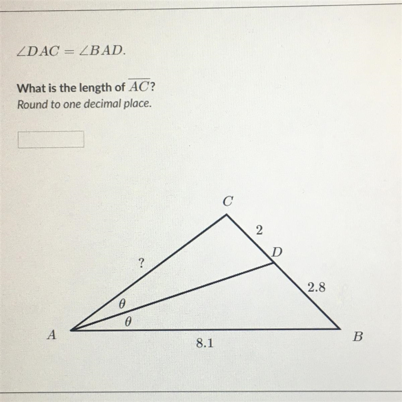 ZDAC = ZBAD. What is the length of AC? Round to one decimal place.-example-1