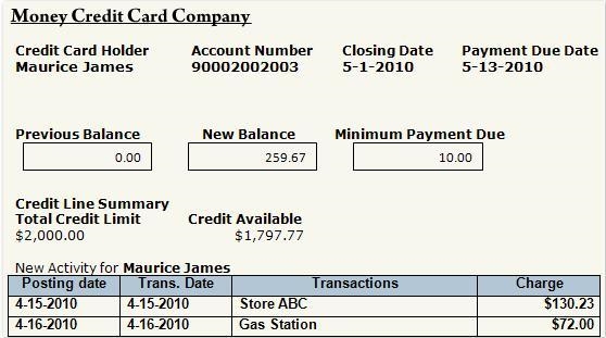 In the following credit card statement, what is the balance? A. $10 B. $130.23 C. 5-13-2010 D-example-1