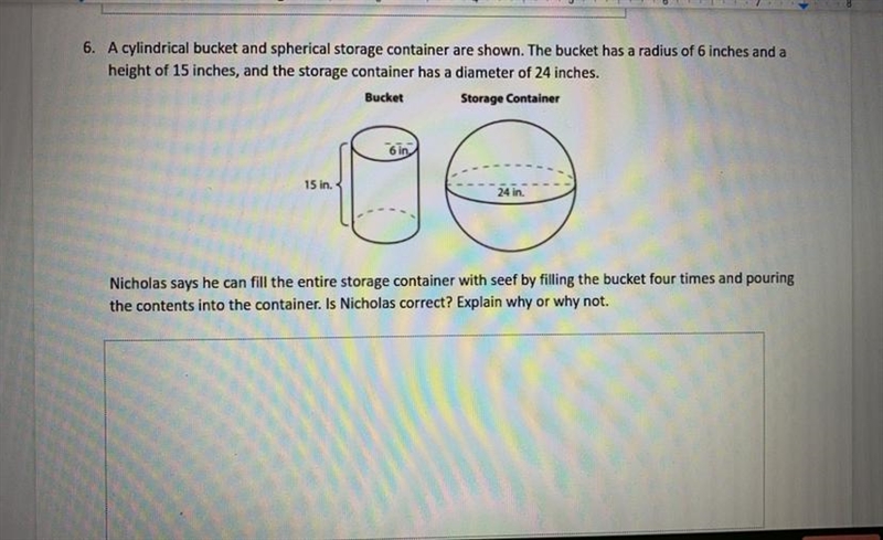 A cylindrical bucket and spherical storage container are shown. The bucket has a radius-example-1