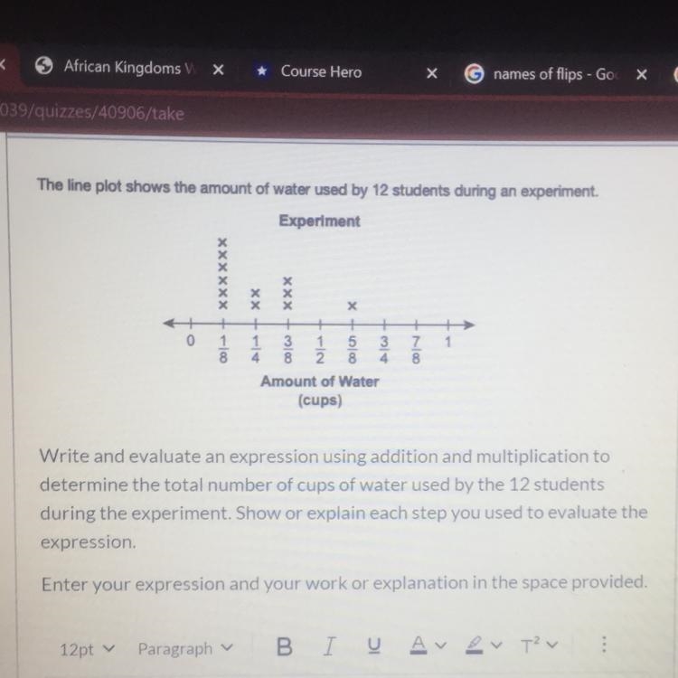 The line plot shows the amount of water used by 12 students during an experiment. Amount-example-1