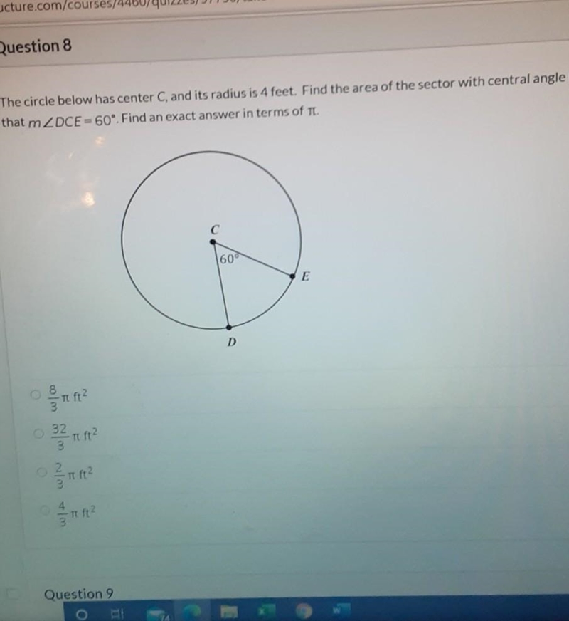 The circle below has center C, and its radius is 4 feet. Find the area of the sector-example-1