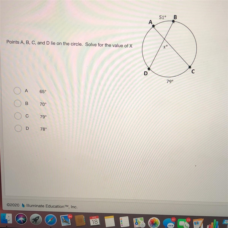 Points A, B, C, and D lie on the circle. Solve for the value of X А. 65 B. 70 C. 79 D-example-1