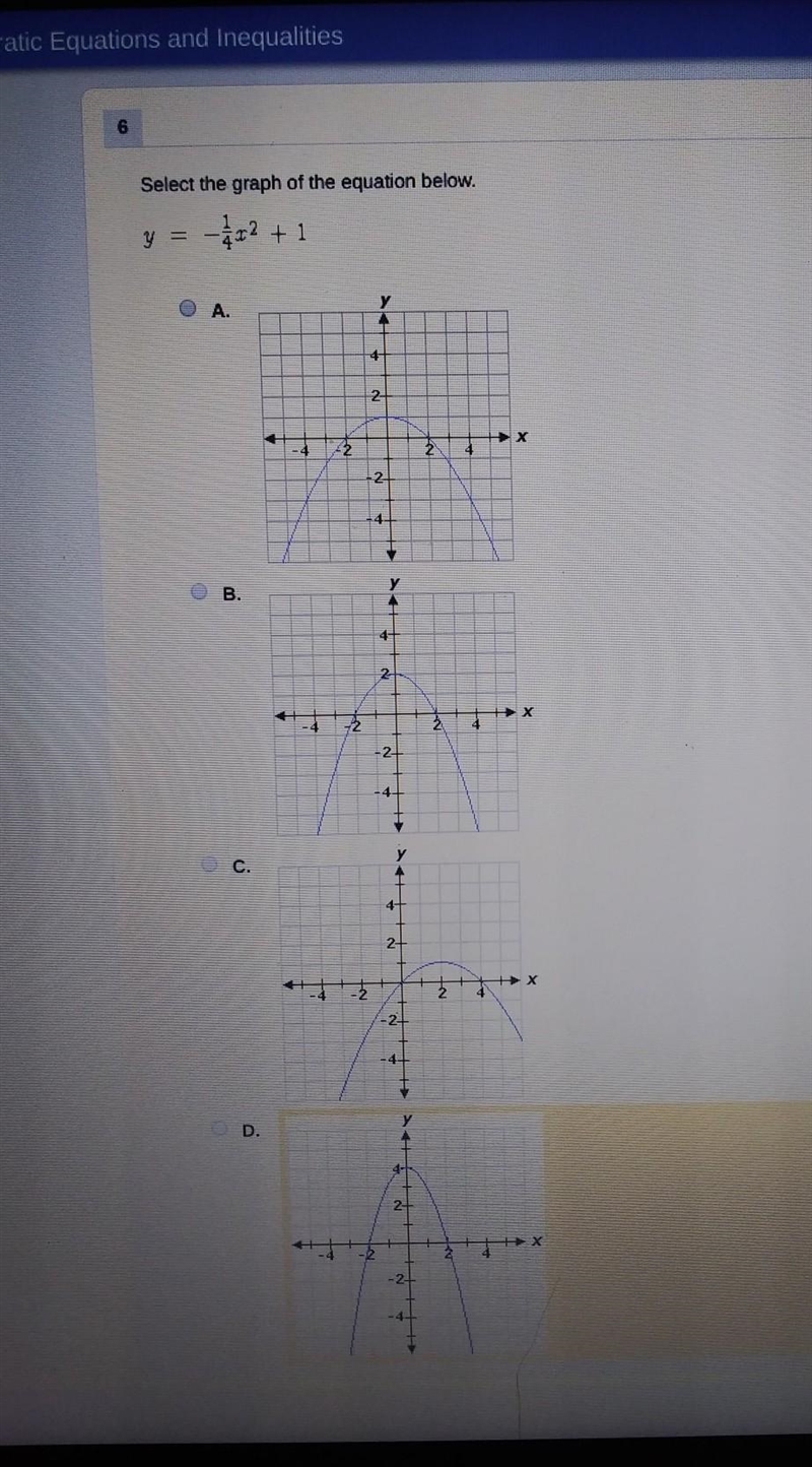 Select the graph of the equation below. y = -x2 + 1 ​-example-1